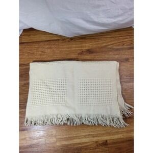 Vintage Cream Faribo 100% Wool Waffle Knit Fringe Blanket